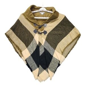 Accessory Street NY Plaid Toggle Poncho Wrap Olive Green Tan Fringe OS